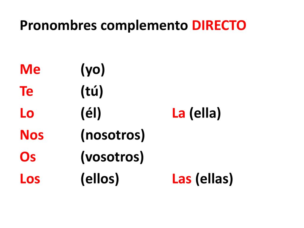 Pronombres complemento DIRECTO Me (yo) Te (tú) Lo (él) La (ella) Nos (nosotros) Os (vosotros) Los (ellos) Las (ellas)