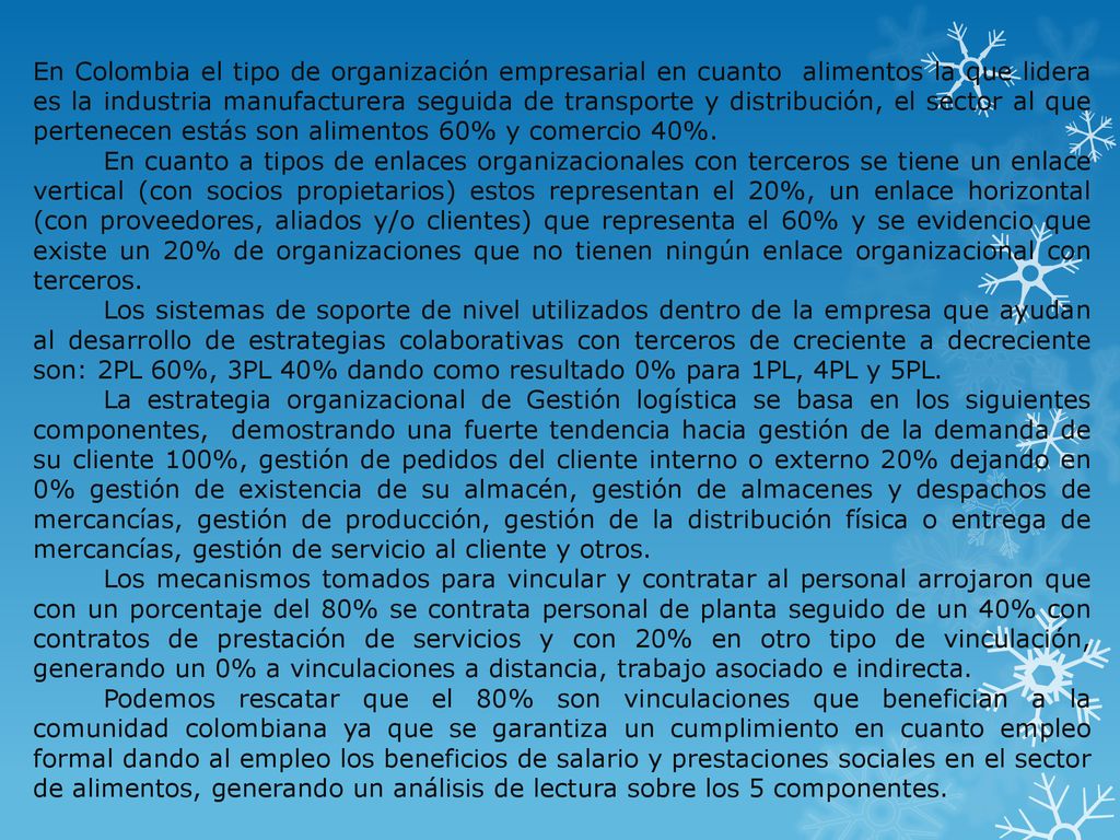 En Colombia el tipo de organización empresarial en cuanto alimentos la que lidera es la industria manufacturera seguida de transporte y distribución, el sector al que pertenecen estás son alimentos 60% y comercio 40%.