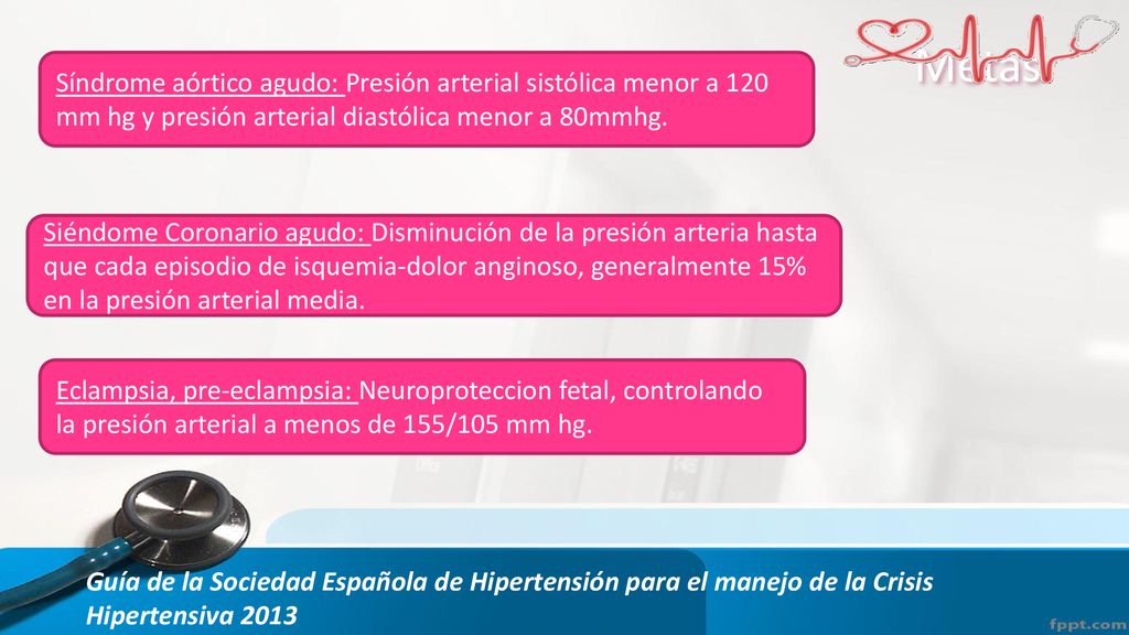 Metas Síndrome aórtico agudo: Presión arterial sistólica menor a 120 mm hg y presión arterial diastólica menor a 80mmhg.