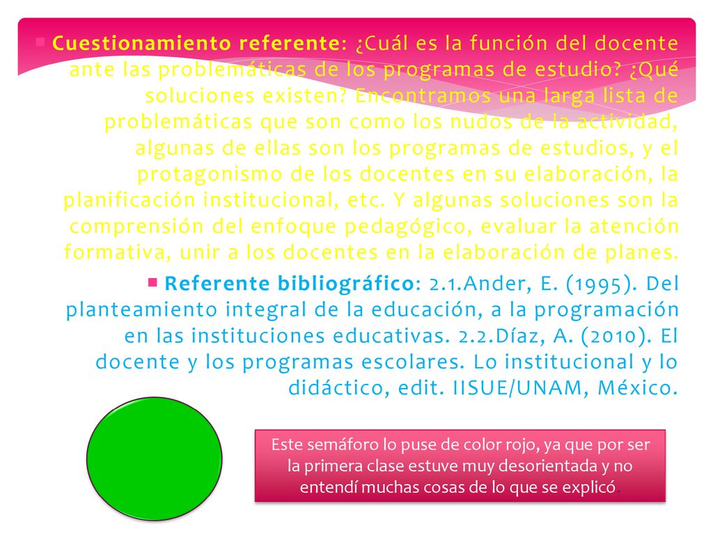 Cuestionamiento referente: ¿Cuál es la función del docente ante las problemáticas de los programas de estudio ¿Qué soluciones existen Encontramos una larga lista de problemáticas que son como los nudos de la actividad, algunas de ellas son los programas de estudios, y el protagonismo de los docentes en su elaboración, la planificación institucional, etc. Y algunas soluciones son la comprensión del enfoque pedagógico, evaluar la atención formativa, unir a los docentes en la elaboración de planes.