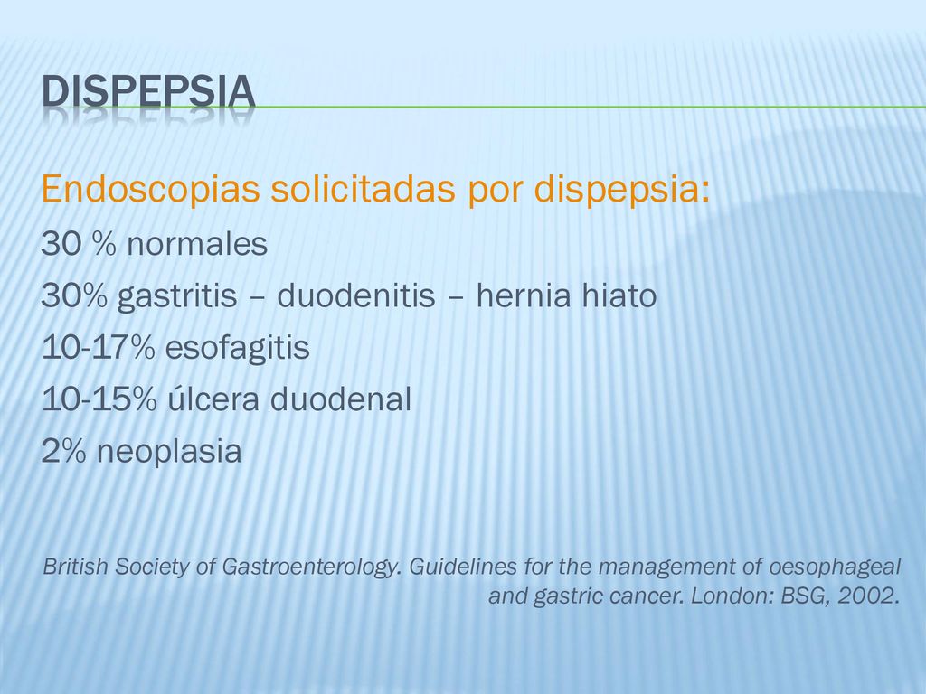dispepsia Endoscopias solicitadas por dispepsia: 30 % normales