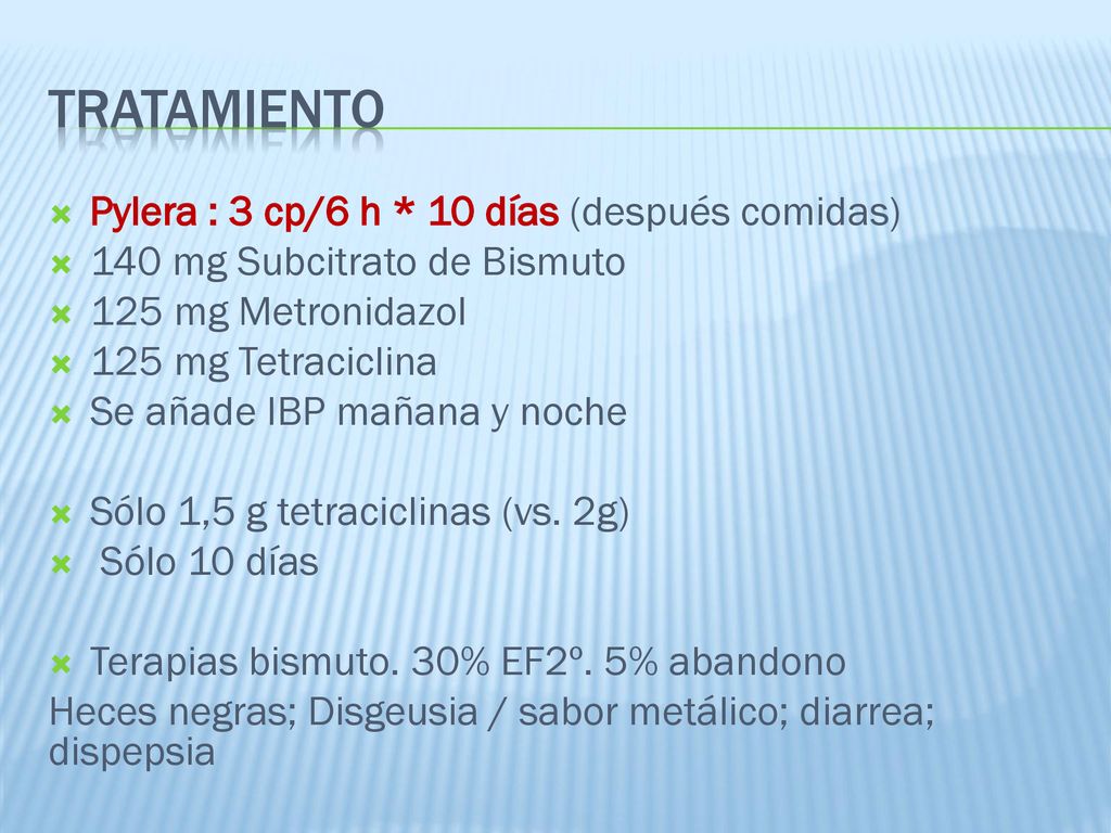 TRATAMIENTO Pylera : 3 cp/6 h * 10 días (después comidas)