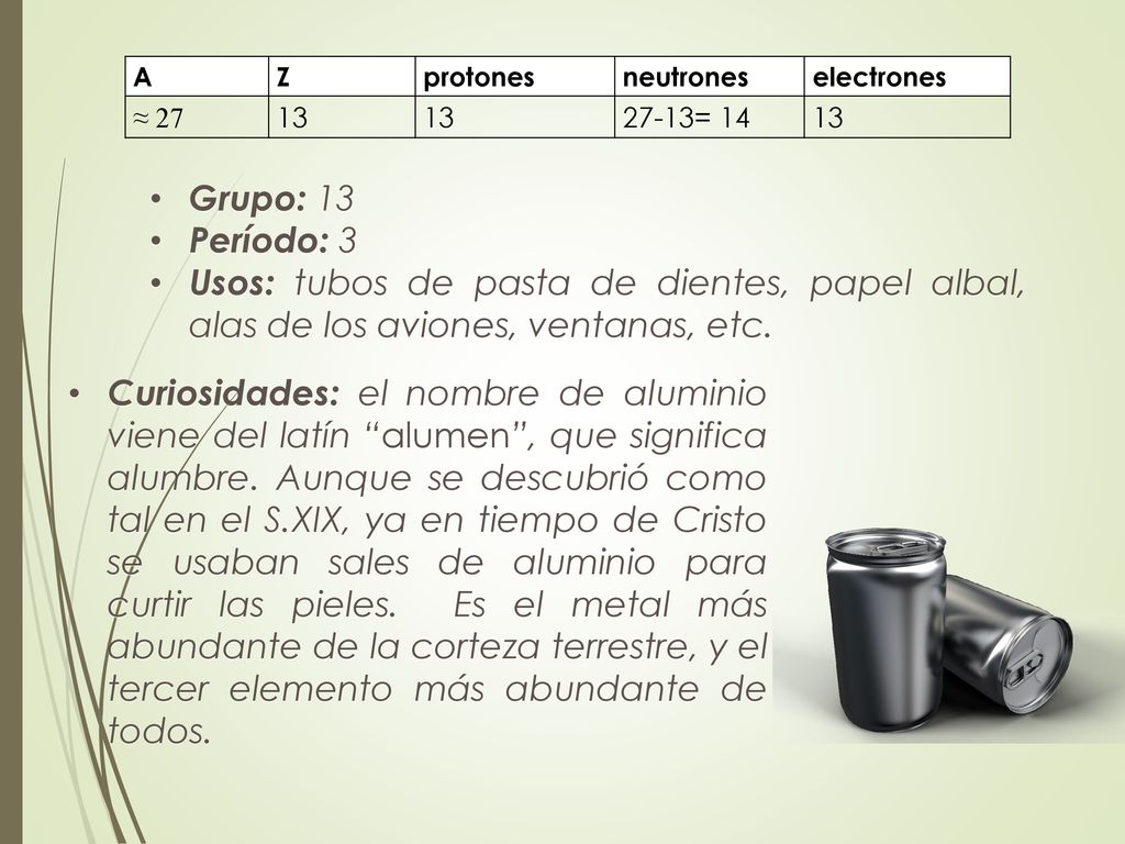 A Z. protones. neutrones. electrones. ≈ = 14. Grupo: 13. Período: 3.