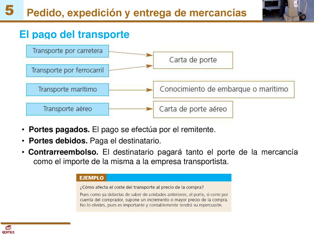 El pago del transporte • Portes pagados. El pago se efectúa por el remitente. • Portes debidos. Paga el destinatario.