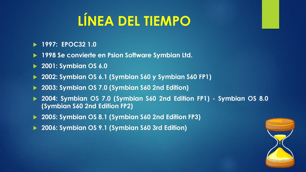 LÍNEA DEL TIEMPO 1997: EPOC Se convierte en Psion Software Symbian Ltd. 2001: Symbian OS 6.0.