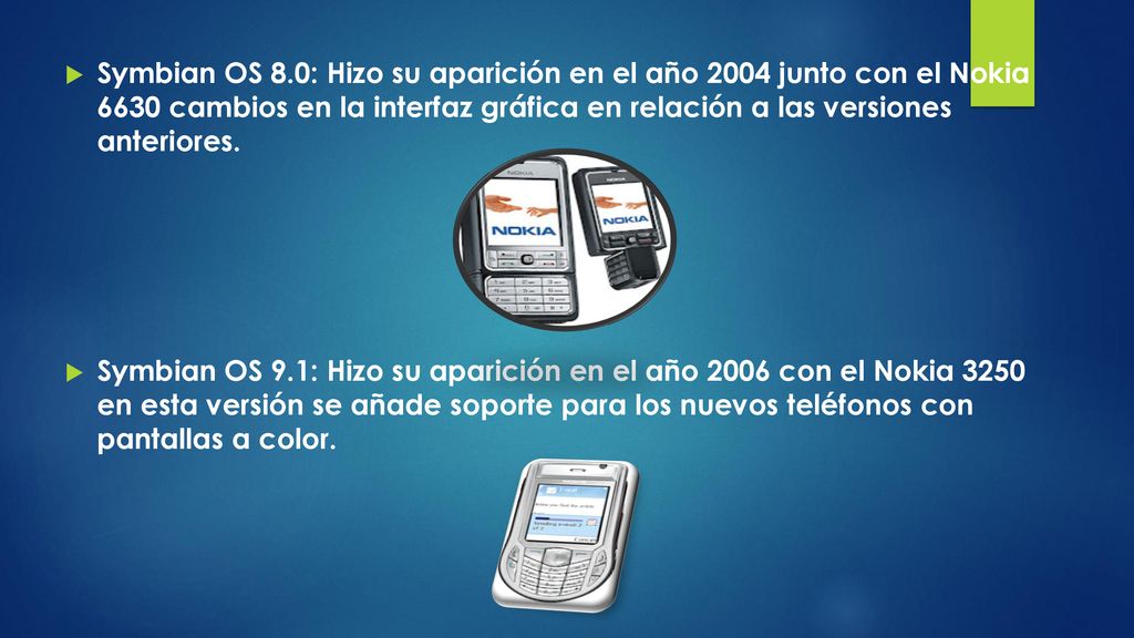 Symbian OS 8.0: Hizo su aparición en el año 2004 junto con el Nokia 6630 cambios en la interfaz gráfica en relación a las versiones anteriores.