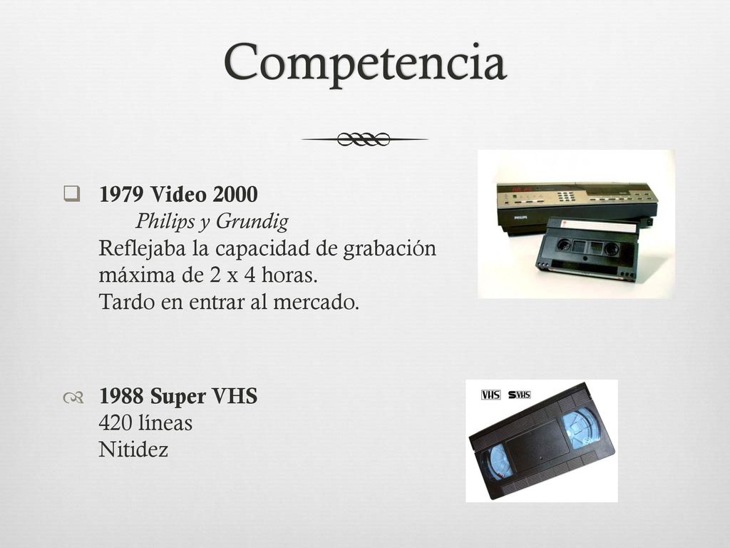 Competencia 1979 Video 2000 Philips y Grundig Reflejaba la capacidad de grabación máxima de 2 x 4 horas. Tardo en entrar al mercado.