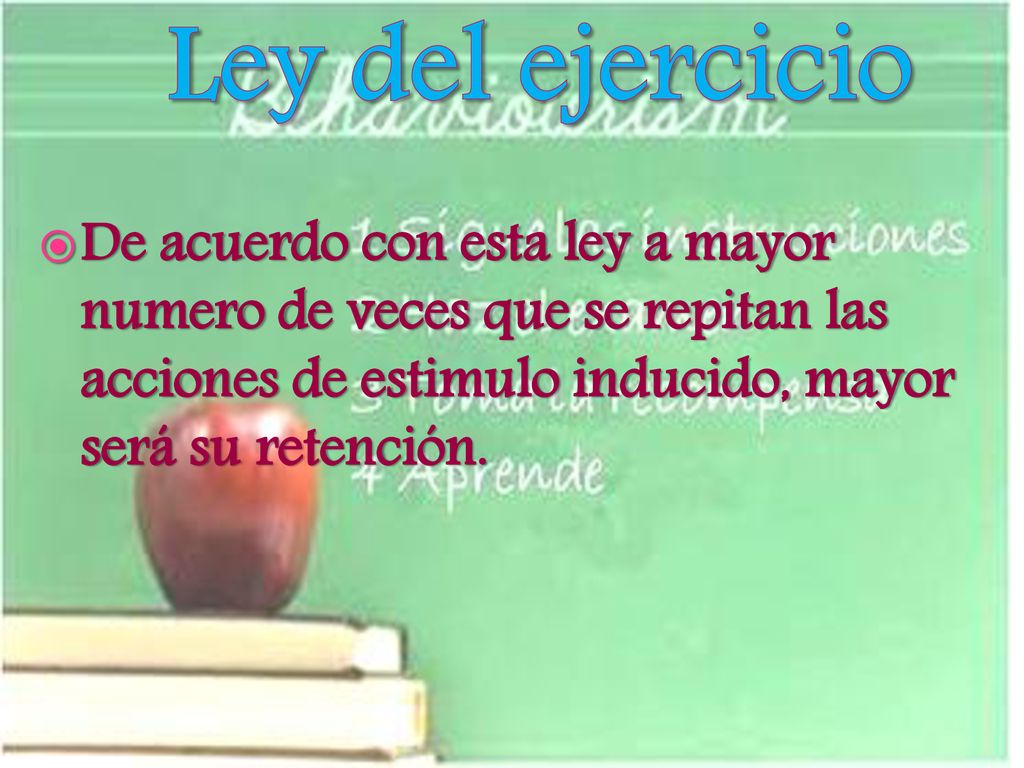 Ley del ejercicio De acuerdo con esta ley a mayor numero de veces que se repitan las acciones de estimulo inducido, mayor será su retención.