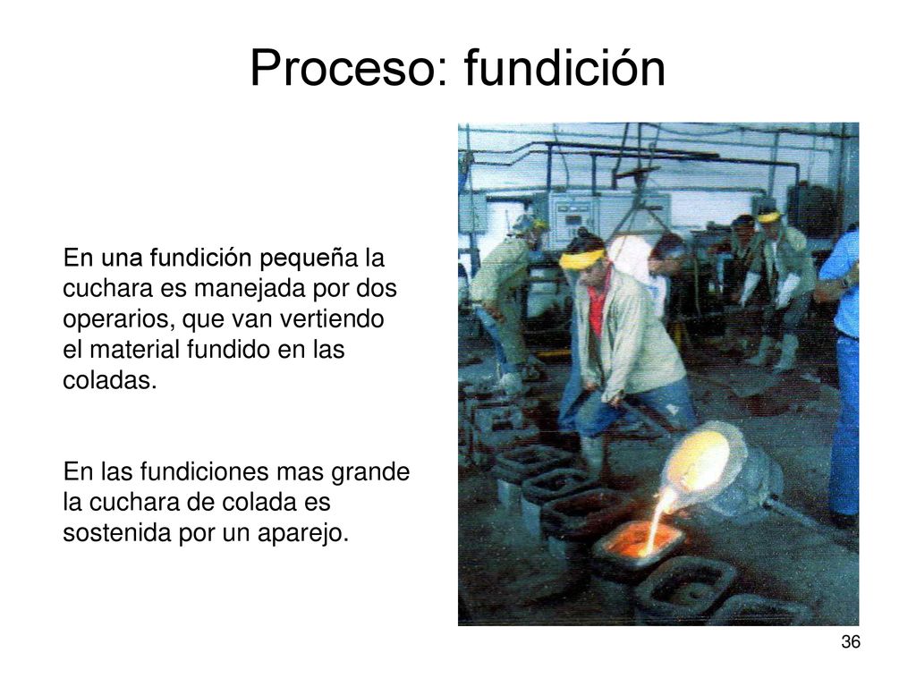Proceso: fundición En una fundición pequeña la cuchara es manejada por dos operarios, que van vertiendo el material fundido en las coladas.