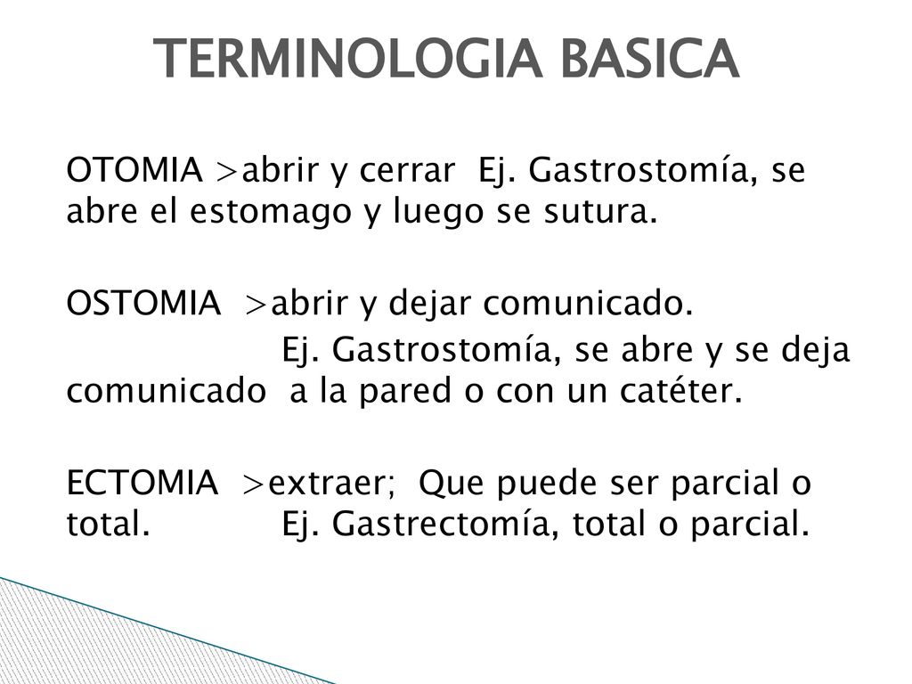 9/7/2018 TERMINOLOGIA BASICA. OTOMIA >abrir y cerrar Ej. Gastrostomía, se abre el estomago y luego se sutura.