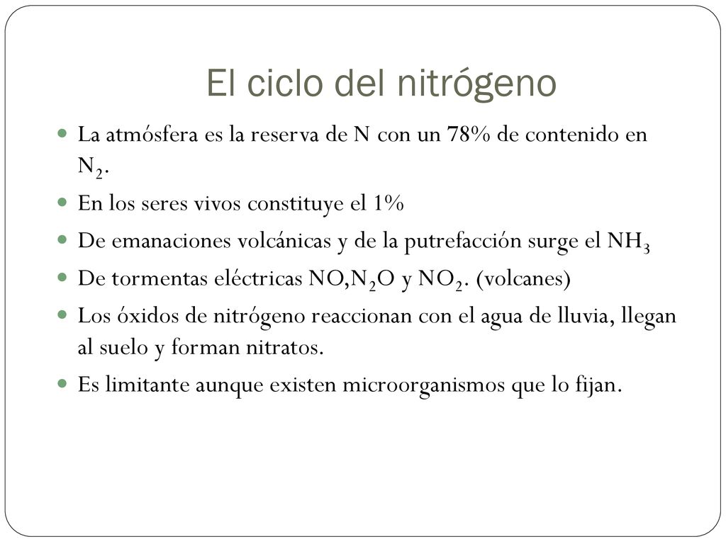 El ciclo del nitrógeno La atmósfera es la reserva de N con un 78% de contenido en N2. En los seres vivos constituye el 1%