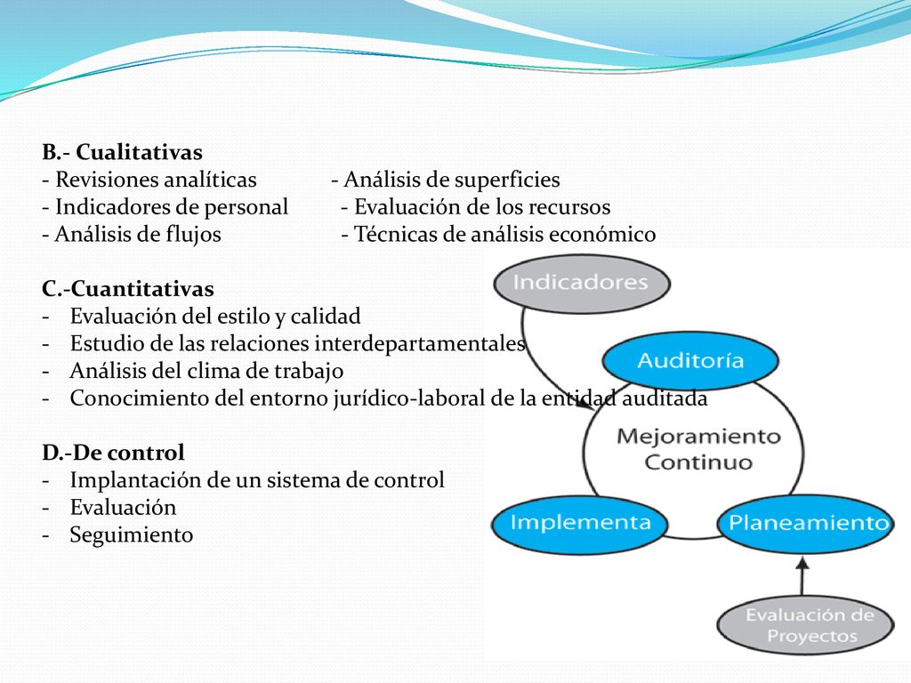 B.- Cualitativas - Revisiones analíticas - Análisis de superficies. - Indicadores de personal - Evaluación de los recursos.