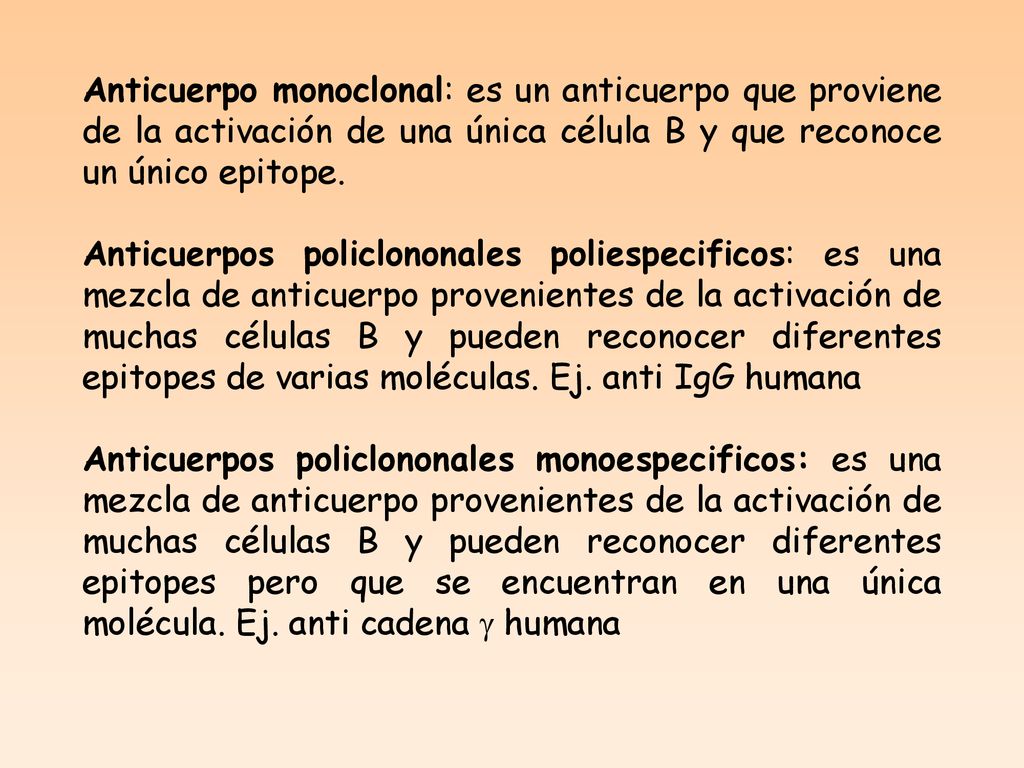 Anticuerpo monoclonal: es un anticuerpo que proviene de la activación de una única célula B y que reconoce un único epitope.