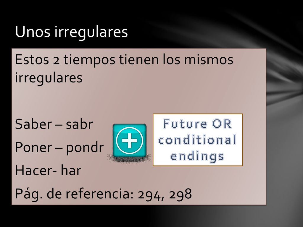 Unos irregulares Estos 2 tiempos tienen los mismos irregulares Saber – sabr Poner – pondr Hacer- har Pág. de referencia: 294, 298