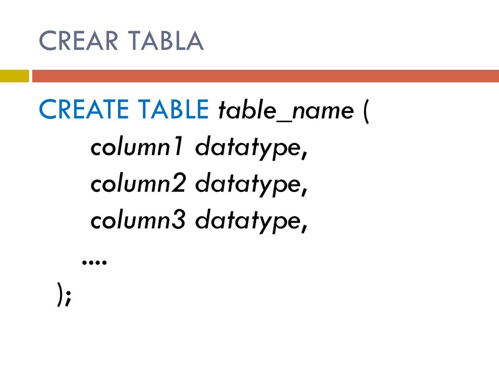 CREAR TABLA CREATE TABLE table_name ( column1 datatype, column2 datatype, column3 datatype, ....
