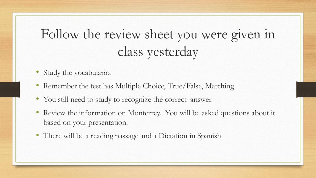 Follow the review sheet you were given in class yesterday