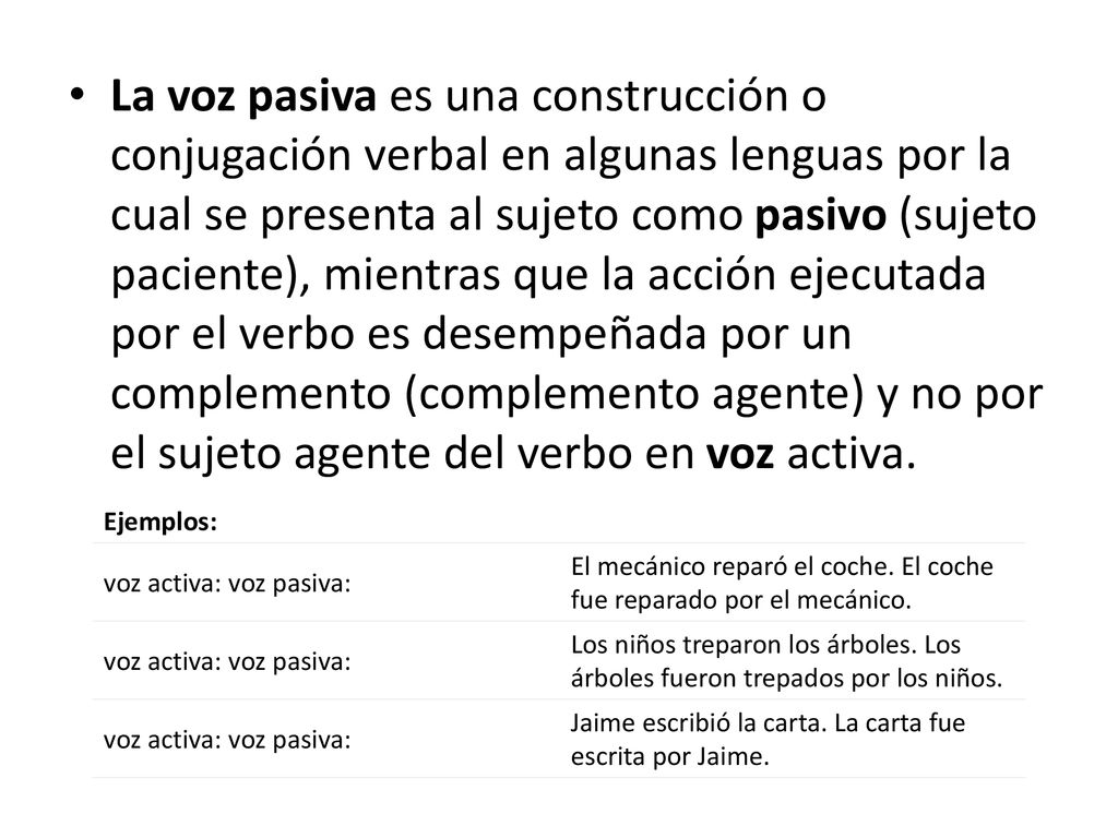 La voz pasiva es una construcción o conjugación verbal en algunas lenguas por la cual se presenta al sujeto como pasivo (sujeto paciente), mientras que la acción ejecutada por el verbo es desempeñada por un complemento (complemento agente) y no por el sujeto agente del verbo en voz activa.