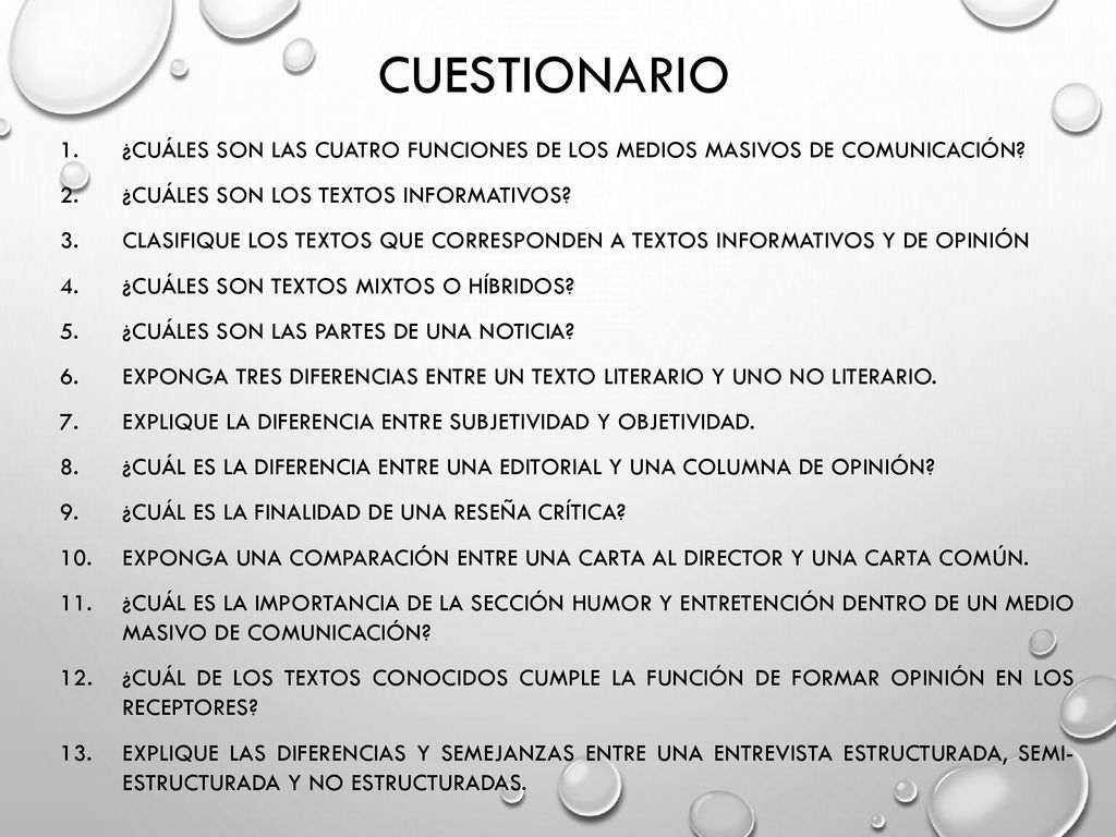 cuestionario ¿Cuáles son las cuatro funciones de los medios masivos de comunicación ¿cuáles son los textos informativos