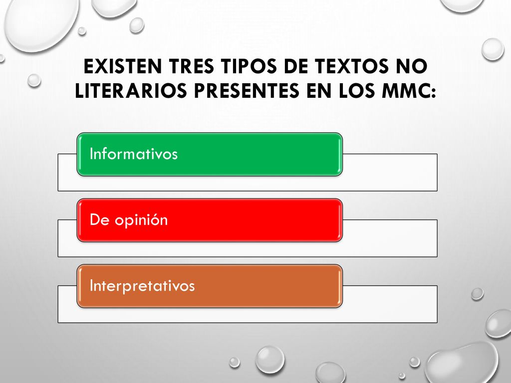 Existen tres tipos de textos no literarios presentes en los MMC: