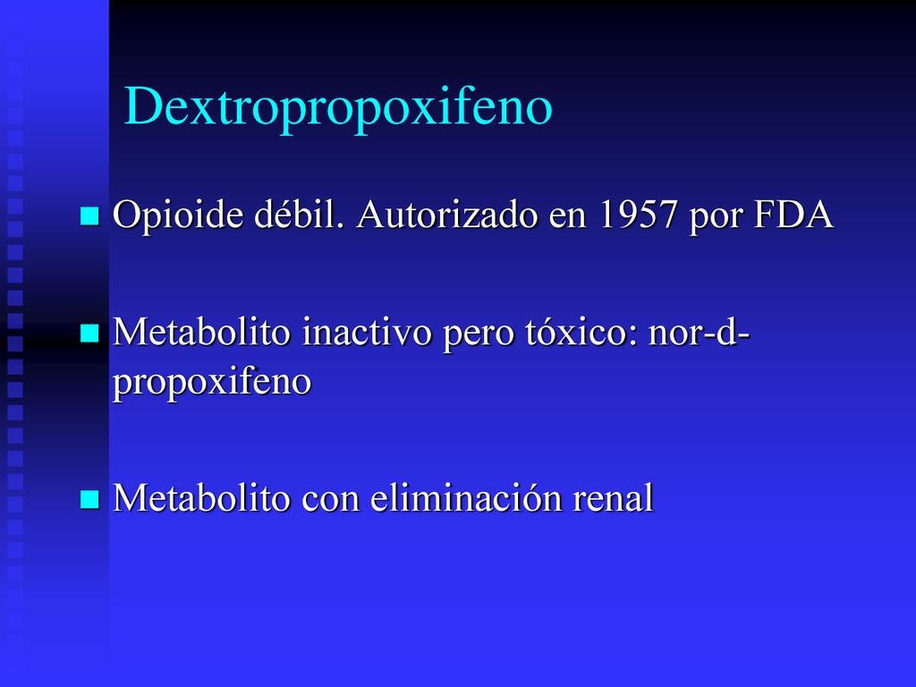 Dextropropoxifeno Opioide débil. Autorizado en 1957 por FDA