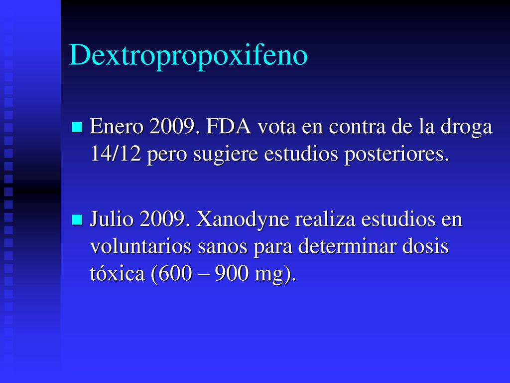 Dextropropoxifeno Enero FDA vota en contra de la droga 14/12 pero sugiere estudios posteriores.