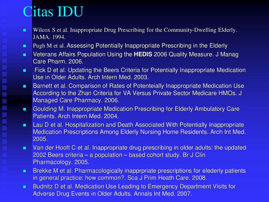 Citas IDU Wilcox S et al. Inappropriate Drug Prescribing for the Community-Dwelling Elderly. JAMA