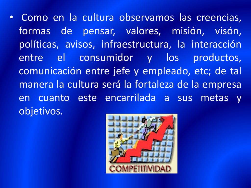 Como en la cultura observamos las creencias, formas de pensar, valores, misión, visón, políticas, avisos, infraestructura, la interacción entre el consumidor y los productos, comunicación entre jefe y empleado, etc; de tal manera la cultura será la fortaleza de la empresa en cuanto este encarrilada a sus metas y objetivos.