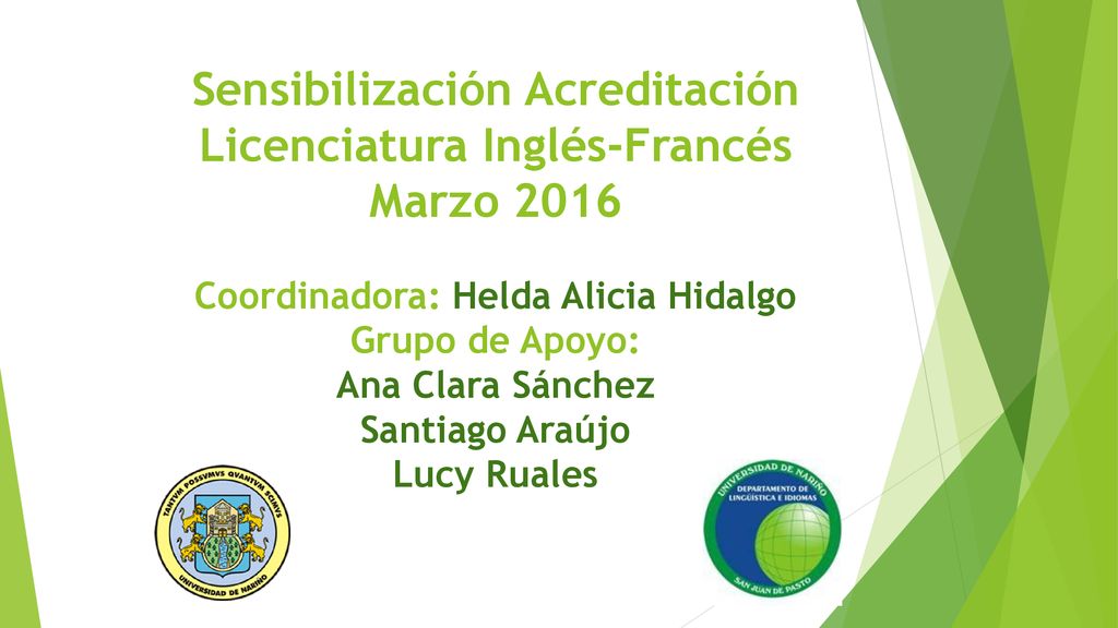 Sensibilización Acreditación Licenciatura Inglés-Francés Marzo 2016 Coordinadora: Helda Alicia Hidalgo Grupo de Apoyo: Ana Clara Sánchez Santiago Araújo Lucy Ruales