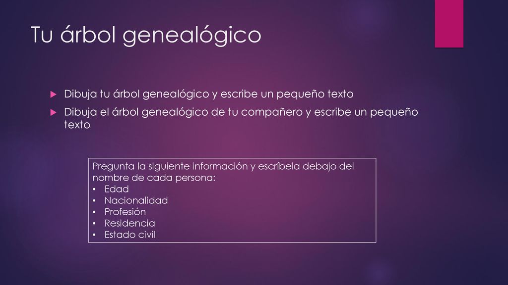 Tu árbol genealógico Dibuja tu árbol genealógico y escribe un pequeño texto. Dibuja el árbol genealógico de tu compañero y escribe un pequeño texto.