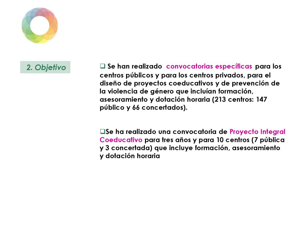 Se han realizado convocatorias específicas para los centros públicos y para los centros privados, para el diseño de proyectos coeducativos y de prevención de la violencia de género que incluían formación, asesoramiento y dotación horaria (213 centros: 147 público y 66 concertados).