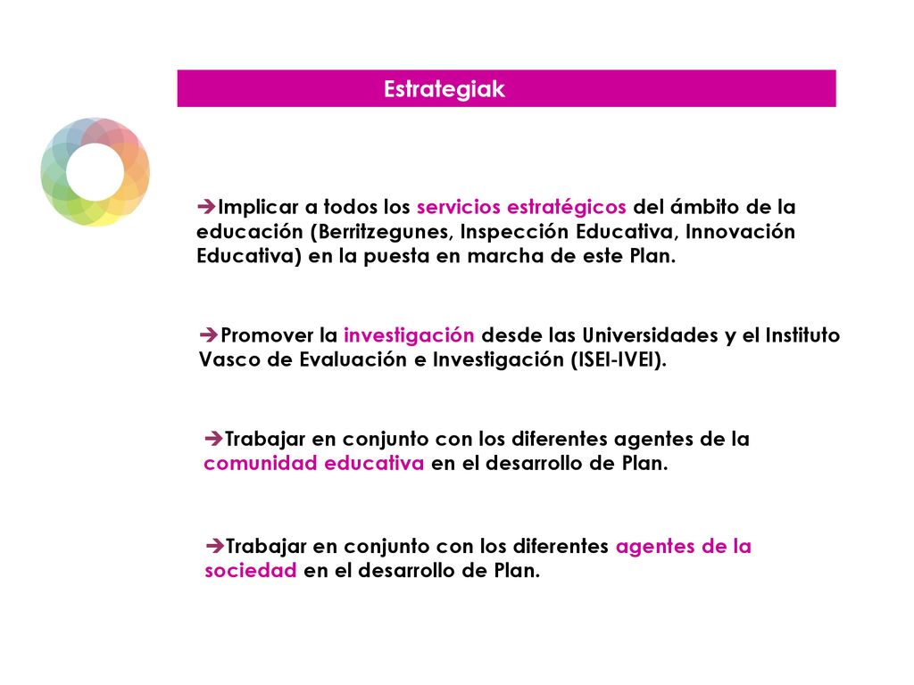 Estrategiak Implicar a todos los servicios estratégicos del ámbito de la. educación (Berritzegunes, Inspección Educativa, Innovación.