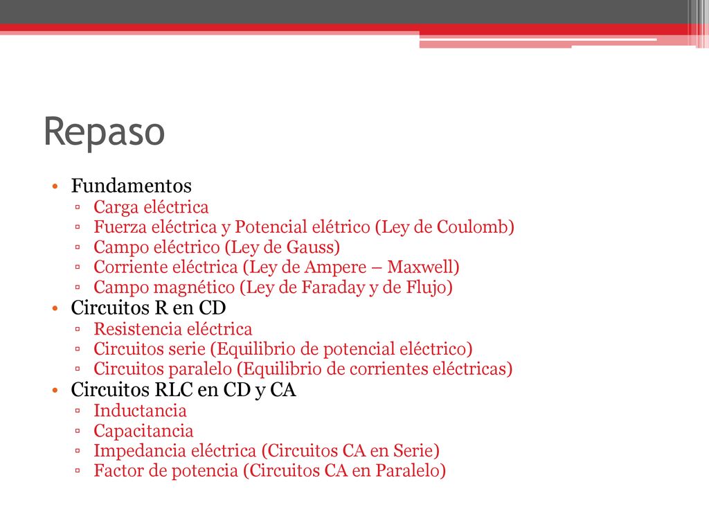 Repaso Fundamentos Circuitos R en CD Circuitos RLC en CD y CA