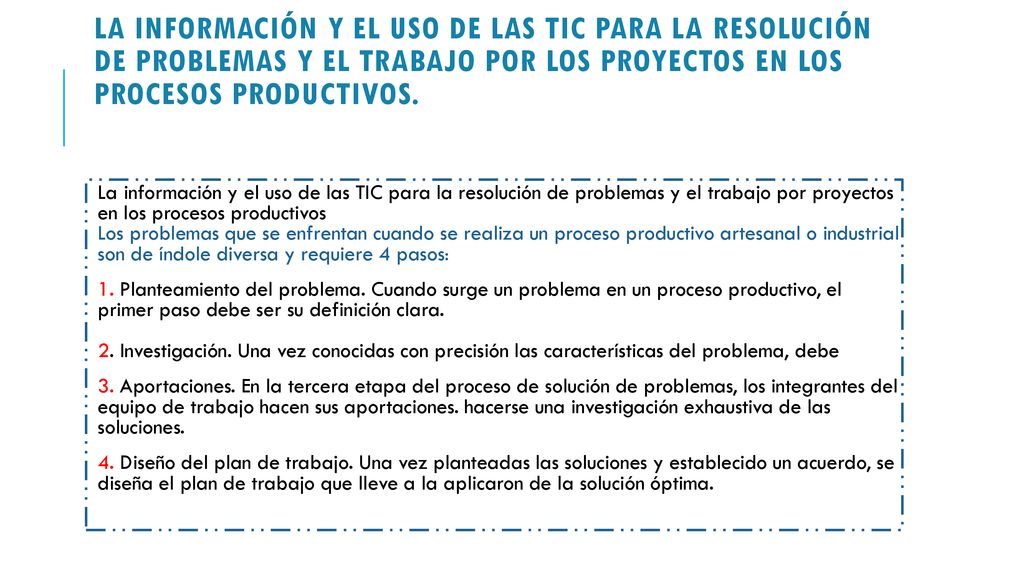 La información y el uso de las TIC para la resolución de problemas y el trabajo por los proyectos en los procesos productivos.