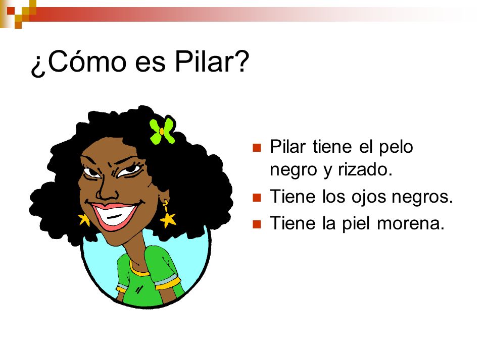 ¿Cómo es Pilar Pilar tiene el pelo negro y rizado.