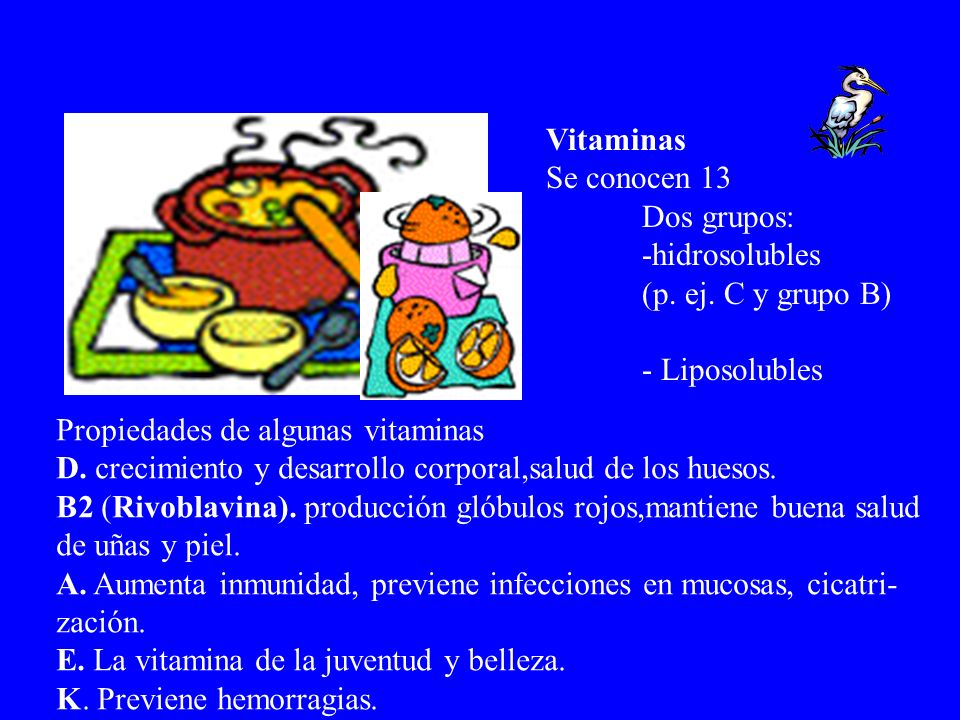 Vitaminas Se conocen 13. Dos grupos: -hidrosolubles. (p. ej. C y grupo B) - Liposolubles. Propiedades de algunas vitaminas.