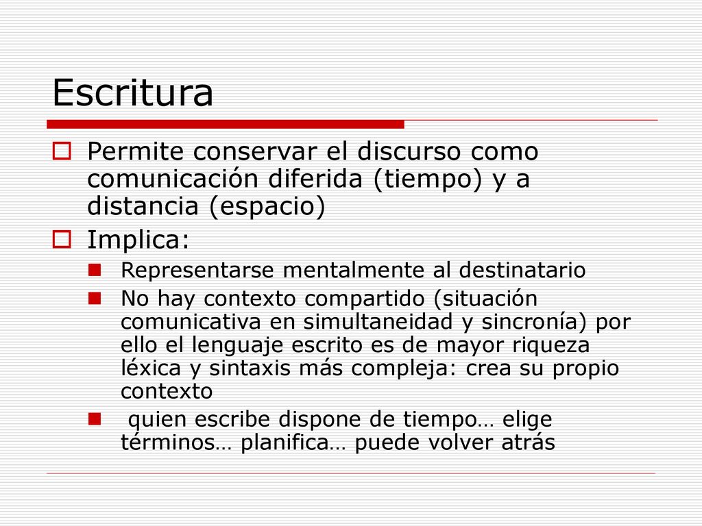 Escritura Permite conservar el discurso como comunicación diferida (tiempo) y a distancia (espacio)
