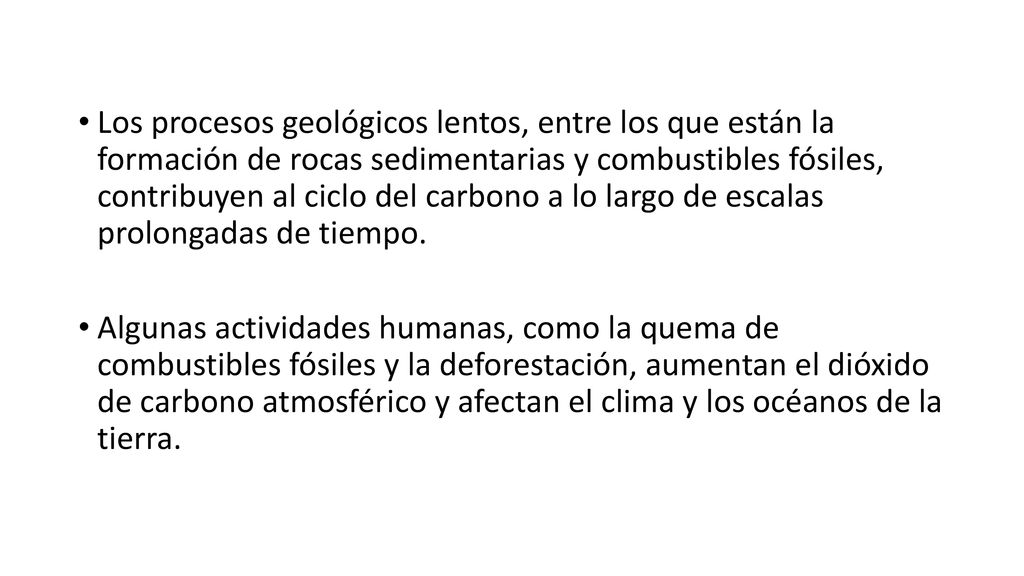 Los procesos geológicos lentos, entre los que están la formación de rocas sedimentarias y combustibles fósiles, contribuyen al ciclo del carbono a lo largo de escalas prolongadas de tiempo.