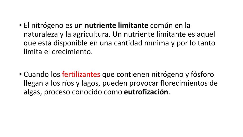 El nitrógeno es un nutriente limitante común en la naturaleza y la agricultura. Un nutriente limitante es aquel que está disponible en una cantidad mínima y por lo tanto limita el crecimiento.