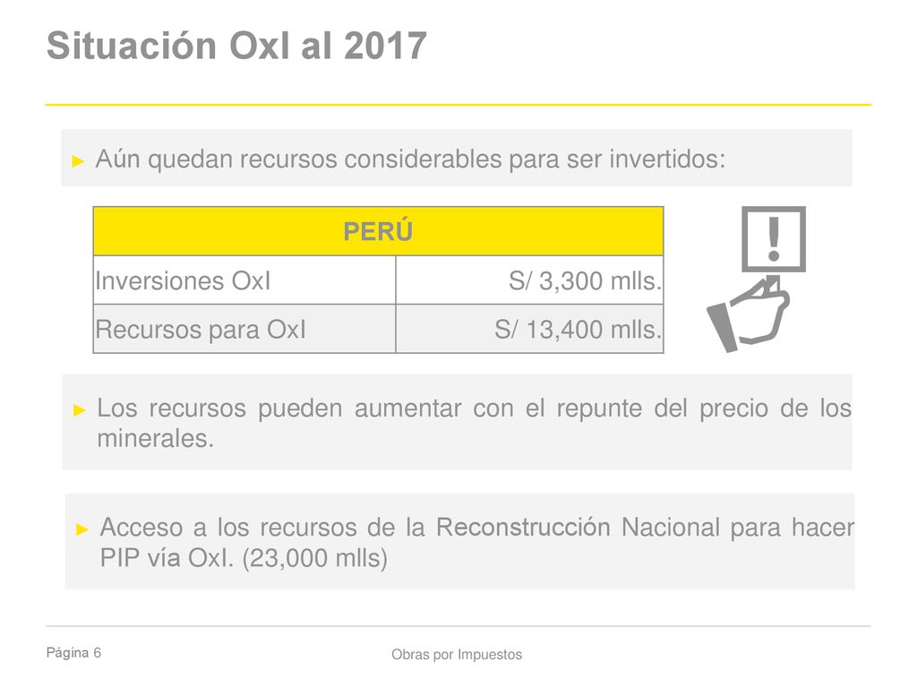 Situación OxI al 2017 Aún quedan recursos considerables para ser invertidos: PERÚ. Inversiones OxI.