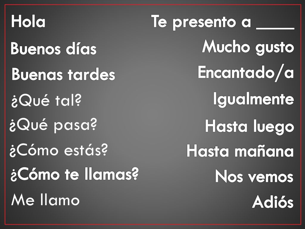 Hola Te presento a ____. Mucho gusto. Buenos días. Encantado/a. Buenas tardes. ¿Qué tal Igualmente.