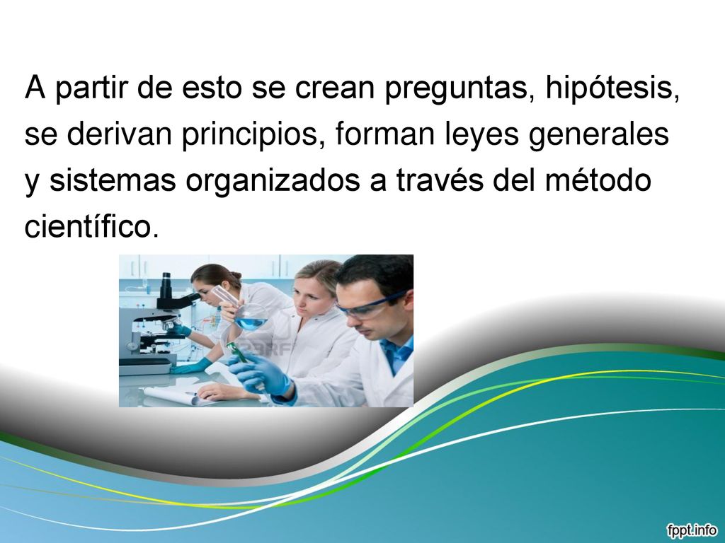 A partir de esto se crean preguntas, hipótesis, se derivan principios, forman leyes generales y sistemas organizados a través del método científico.