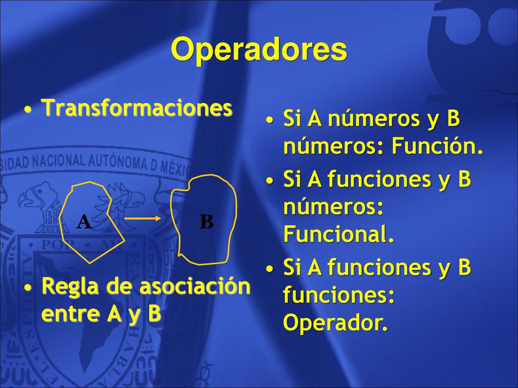 Operadores Transformaciones Si A números y B números: Función.