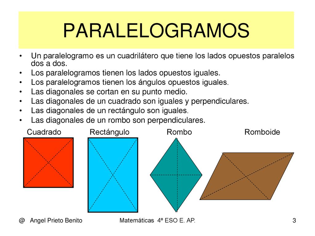 PARALELOGRAMOS Un paralelogramo es un cuadrilátero que tiene los lados opuestos paralelos dos a dos.