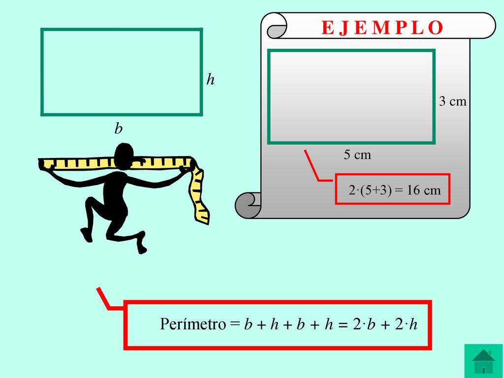 E J E M P L O h b Perímetro = b + h + b + h = 2·b + 2·h 3 cm 5 cm