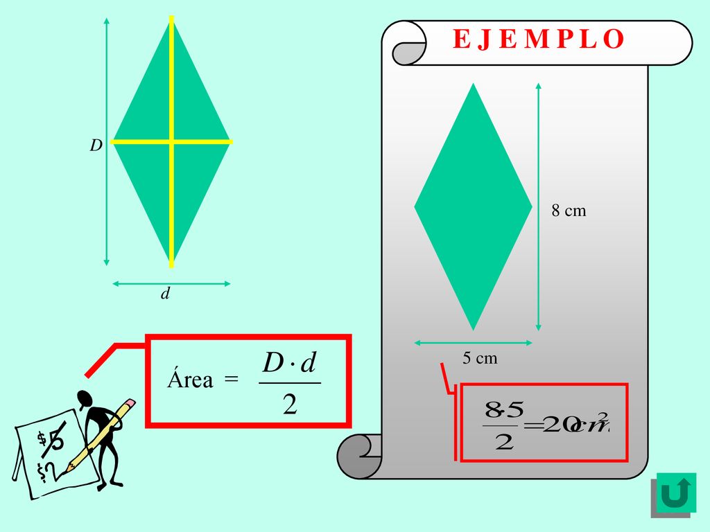 D E J E M P L O 8 cm 5 cm d Área =