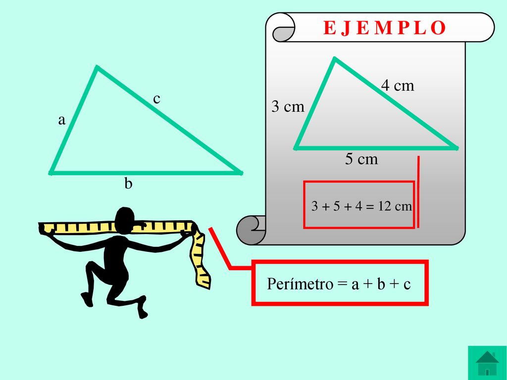 E J E M P L O 4 cm c 3 cm a 5 cm b Perímetro = a + b + c