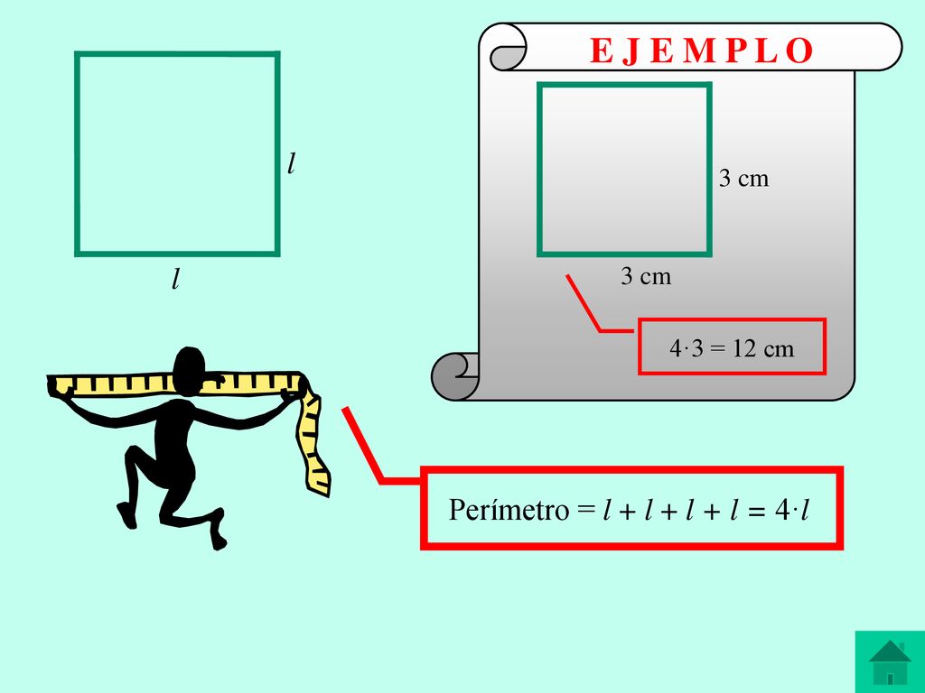E J E M P L O l 3 cm l 4·3 = 12 cm Perímetro = l + l + l + l = 4·l
