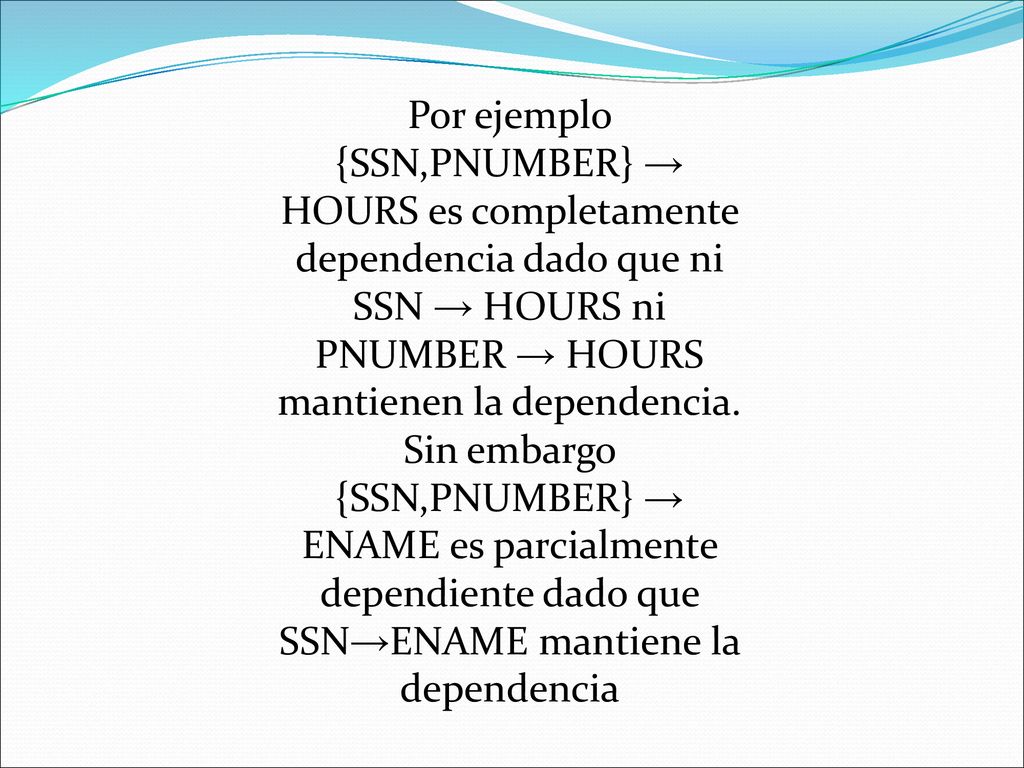 Por ejemplo {SSN,PNUMBER} → HOURS es completamente dependencia dado que ni SSN → HOURS ni PNUMBER → HOURS mantienen la dependencia.