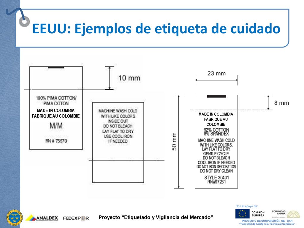 EEUU: Ejemplos de etiqueta de cuidado