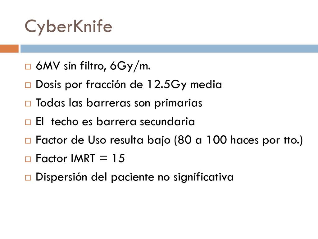 CyberKnife 6MV sin filtro, 6Gy/m. Dosis por fracción de 12.5Gy media